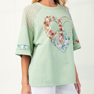 22. Light Green Heart Peace Patch Terry Knit Top